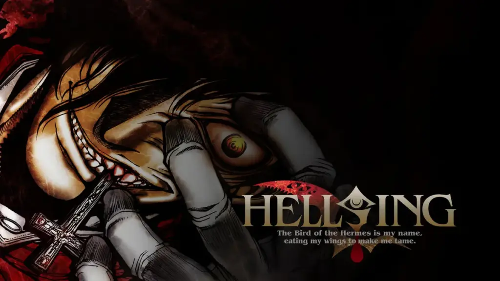 Alucard from Hellsing holding a silver cross with a menacing grin, representing the dark action-horror tone of the vampire-hunting series.