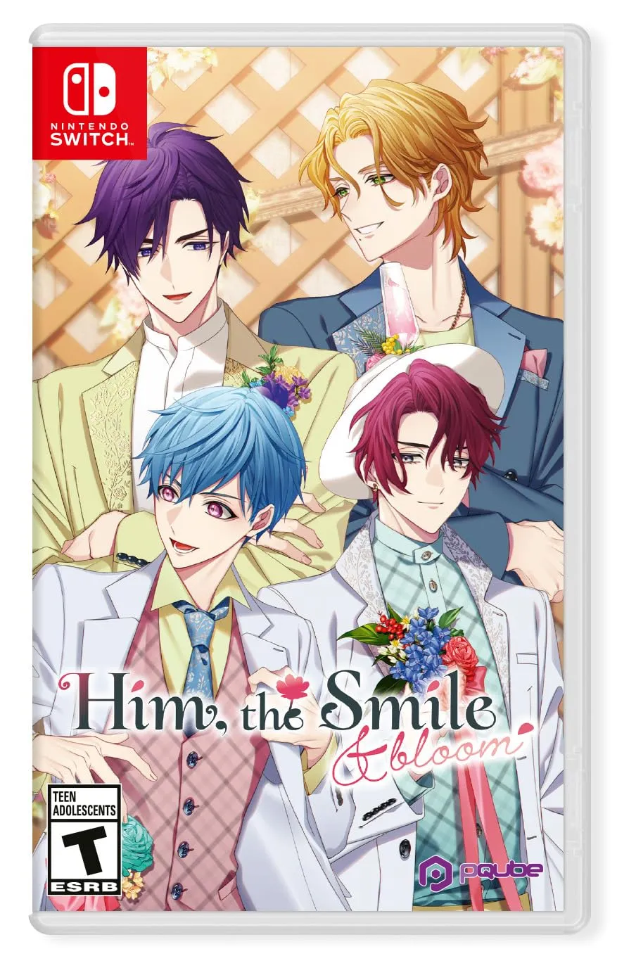Him, The Smile and Bloom Nintendo Switch cover art showing four romantic couples in a floral aesthetic