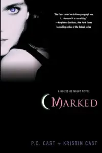 Cover of “Marked” by P.C. Cast and Kristin Cast from the House of Night series, showing a close-up of a girl’s face with violet eyes and dark shadows, symbolizing mystery and transformation.