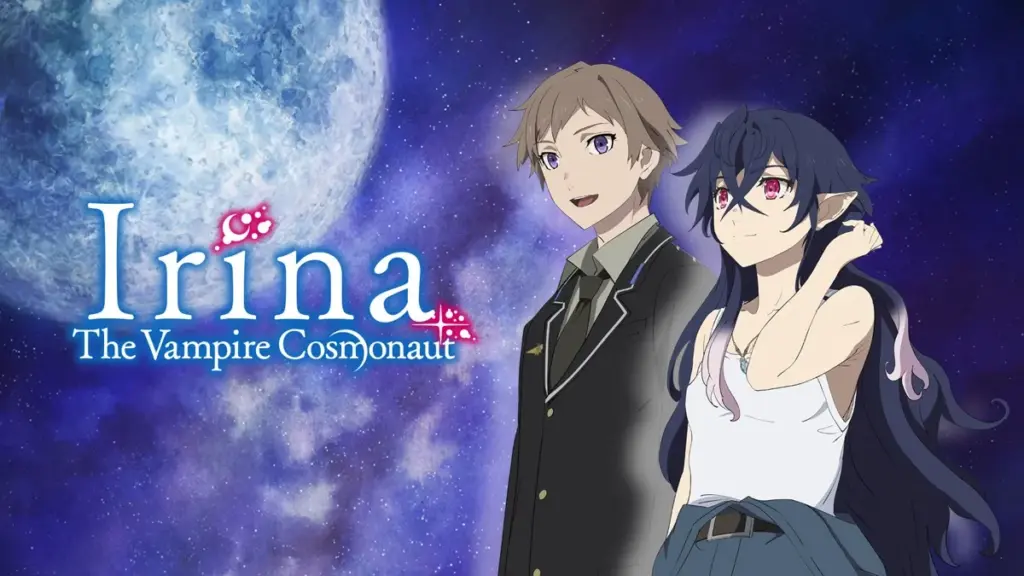 Irina Luminesk, a vampire aspiring to reach space, stands beside her human handler Lev against a cosmic backdrop in Irina: The Vampire Cosmonaut.