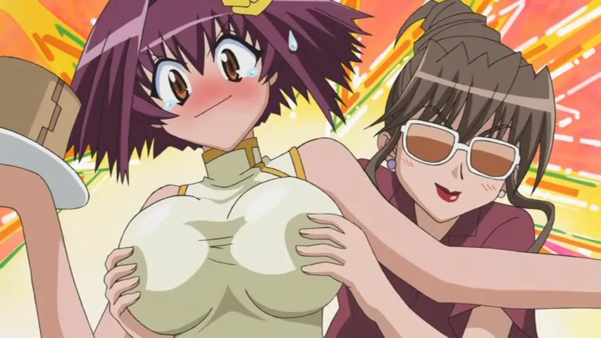 Comedic scene from Karin: Chibi Vampire where a blushing Karin is flustered as another character in sunglasses playfully grabs her chest, with a bright, exaggerated background emphasizing the humor.