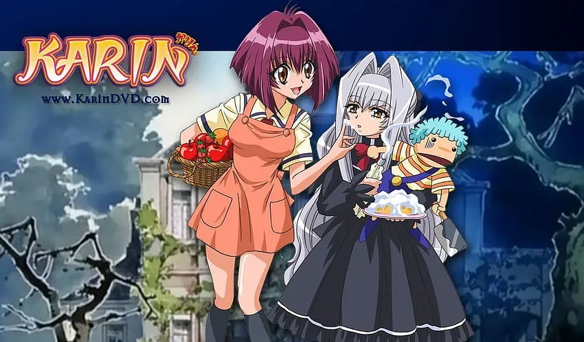 Karin Maaka, a cheerful vampire girl holding a basket of apples, stands beside her gothic sister Anju in Karin: Chibi Vampire, a comedy about an unusual vampire who produces blood instead of drinking it.