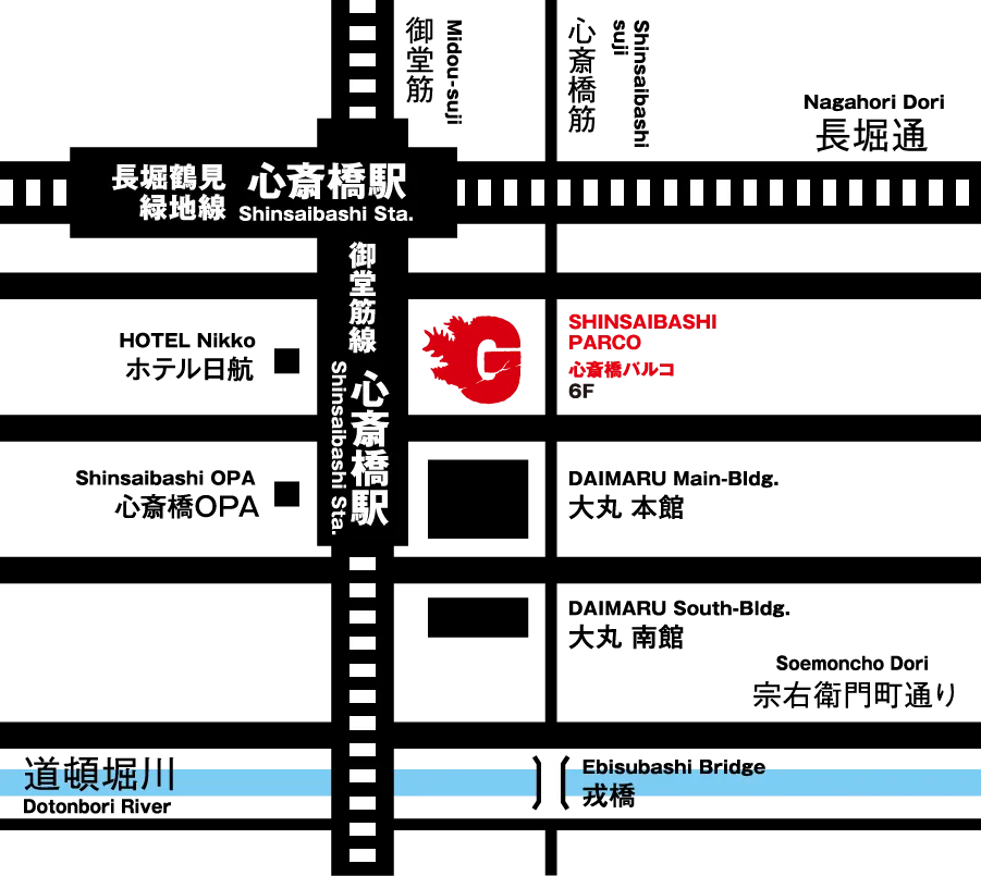 Map showing the location of Shinsaibashi PARCO in Osaka, Japan, near Shinsaibashi Station and the Dotonbori River, highlighting landmarks such as Daimaru Main and South Buildings and Hotel Nikko.