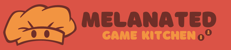 Logo for Melanated Game Kitchen featuring a cartoon chef hat with bold brown and yellow text on a red background, representing a diverse collective of creators in the gaming industry.