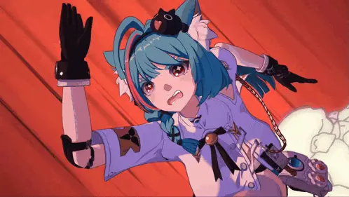 Mint from Neverness to Everness (NTE) with teal hair and red eyes, wearing a white and blue outfit with black gloves, reaching forward in a dynamic action pose against a red-orange background.