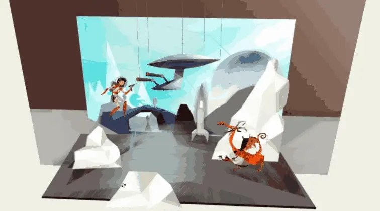 2D scene arranged in Moho’s 3D space with parallax camera and layered stage elements.