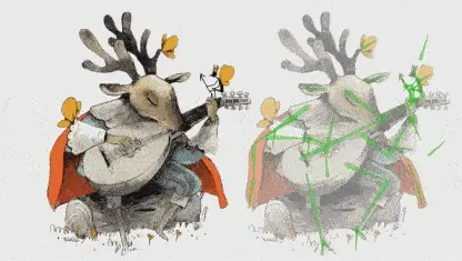 2D deer character playing lute with visible Moho bone rig showing smart bones and IK setup