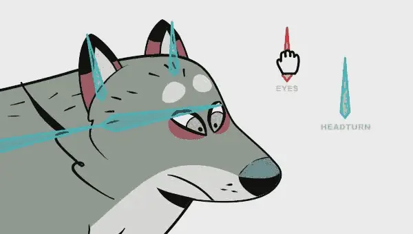 Wolf character head turn and eye controls driven by Moho smart bones and curvers