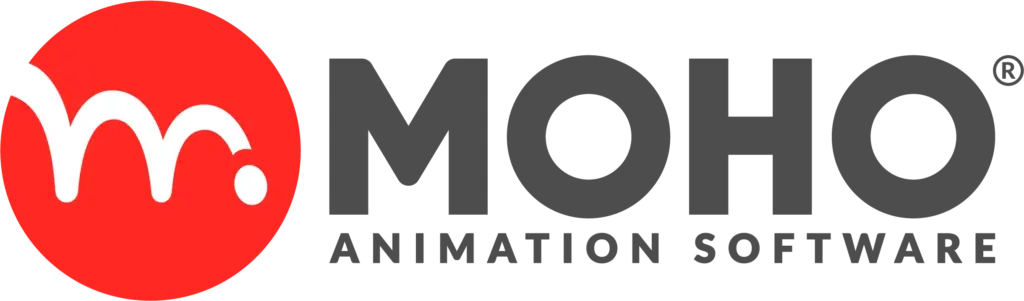 Moho Animation Software logo featuring a red circle with a white stylized ‘m’ and bold black text reading ‘MOHO Animation Software.