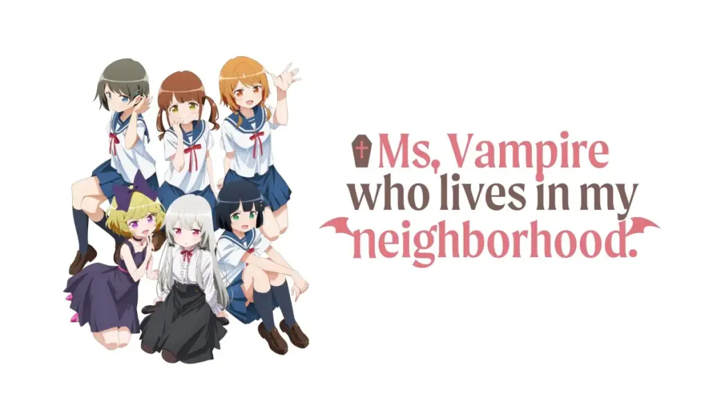 Sophie Twilight and her human friend Akari Amano surrounded by classmates, showcasing the lighthearted slice-of-life vampire comedy Ms. Vampire Who Lives in My Neighborhood.