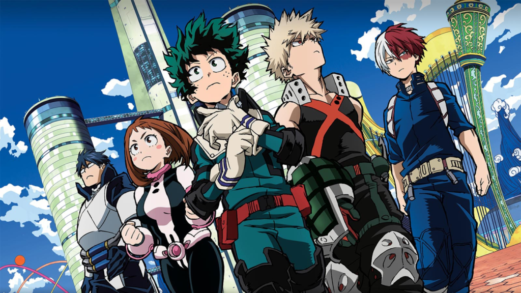 The main characters from My Hero Academia—Iida, Uraraka, Deku, Bakugo, and Todoroki—walk confidently together in their hero costumes against a futuristic city backdrop, symbolizing teamwork and determination.