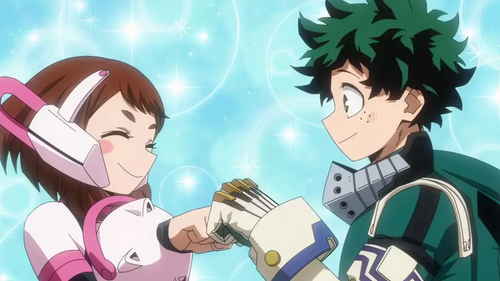 Ochaco Uraraka and Izuku Midoriya from My Hero Academia share a cheerful fist bump with bright smiles, surrounded by a sparkling blue background, symbolizing friendship and mutual support.