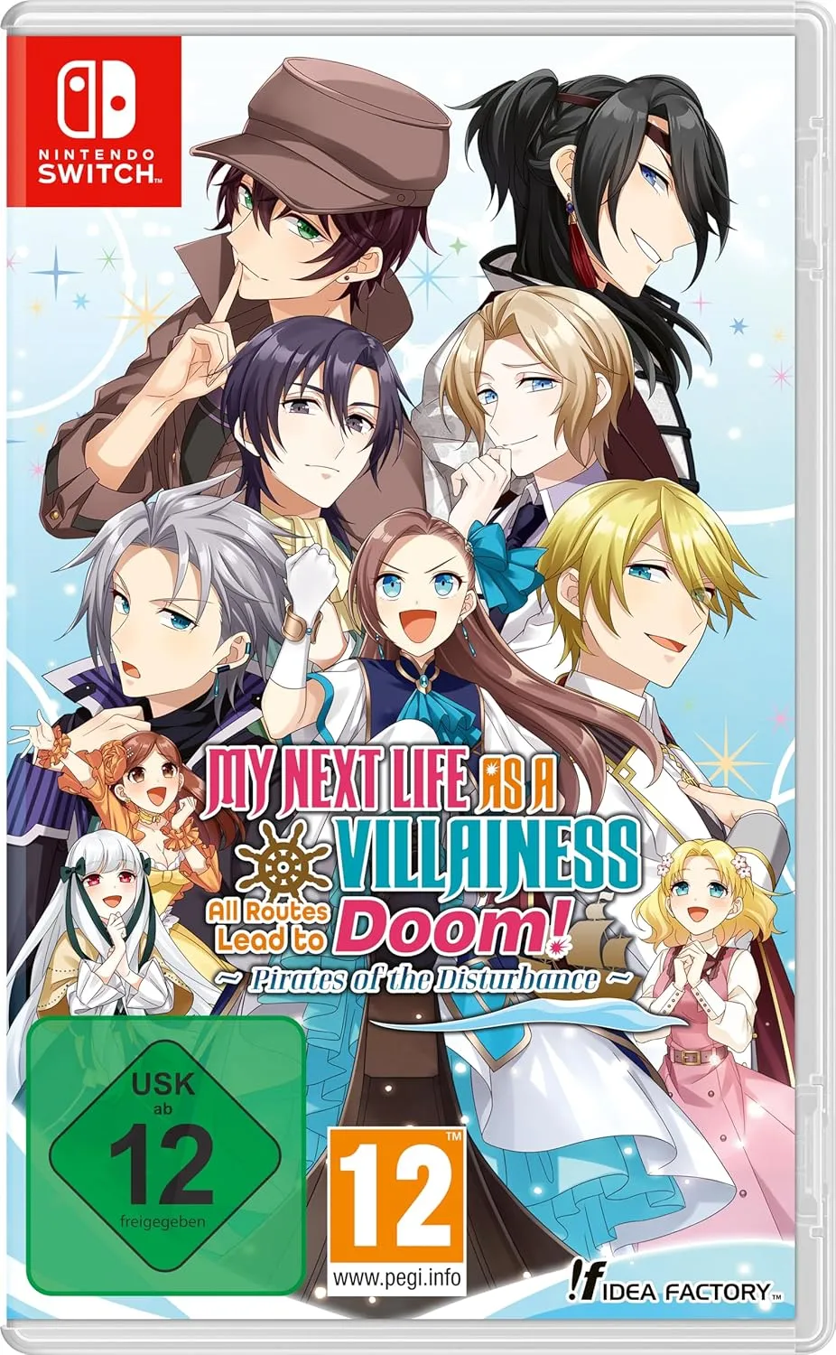 For your girly otome fix we have My Next Life As a Villainess: All Routes Lead to Doom – Pirates of the Disturbance Nintendo Switch cover art with Catarina and her ship-mates on a luxury liner
