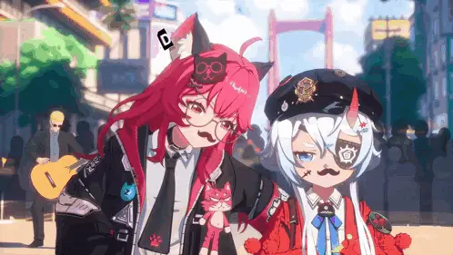 Nanally and Sakiri from Neverness to Everness (NTE) walking side by side in a city street, both wearing fake mustaches and playful expressions, blending humor with their signature outfits and styles.