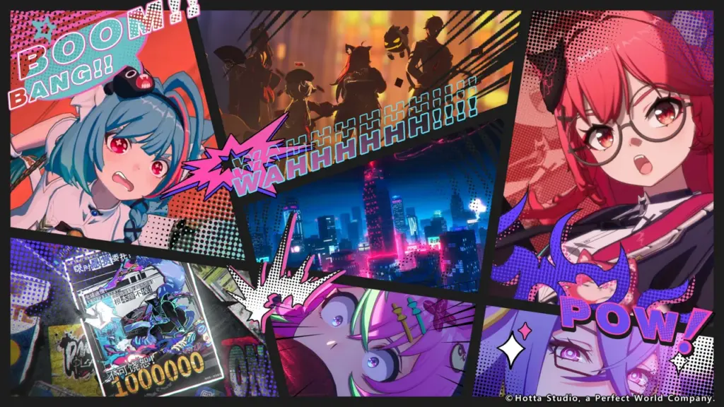 A dynamic comic panel collage featuring colorful anime characters in a neon city setting. One panel shows a blue-haired girl shouting “BOOM!!” and “WAHHHHH!!!,” another depicts a red-haired girl with glasses, and others highlight dramatic action, cityscapes, and comic sound effects like “POW!” and “BANG!!” in bright pop-art style.