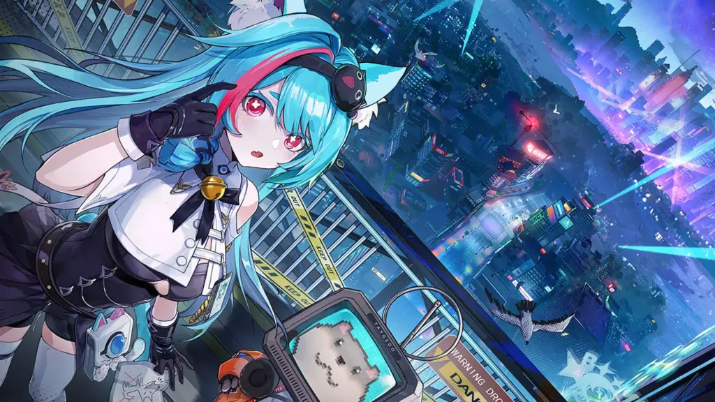 A futuristic anime-style girl with long turquoise and pink hair, cat ears, and bright pink eyes stands on a high balcony overlooking a glowing cyberpunk city at night. Neon lights, holograms, and skyscrapers fill the background as she holds a headset to her ear beside a vintage TV showing a pixelated cat face.