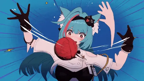 Animated image of Mint from Neverness to Everness playfully catching a red ball of yarn with a surprised expression. She has teal hair, cat ears, and wears black gloves and a white uniform, set against a bright blue background with motion lines showing movement.