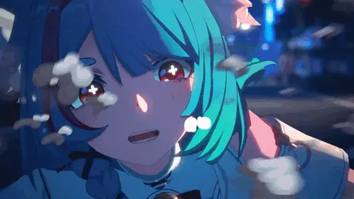 Mint from Neverness to Everness (NTE) with teal hair and bright red eyes sparkling with emotion, reaching out as petals or fragments float around her under glowing blue city lights.