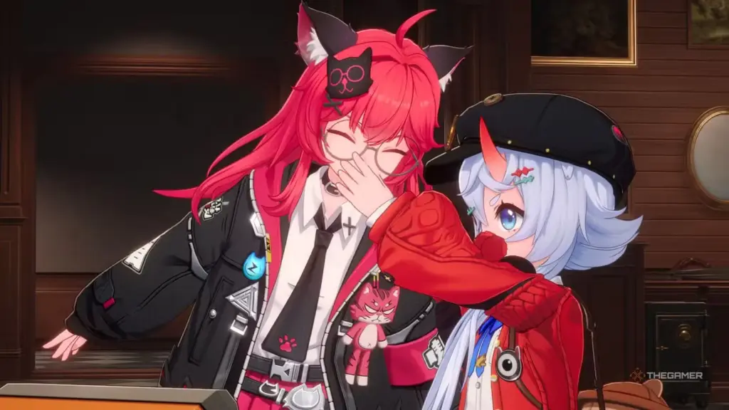 Sakiri and Nanally from Neverness to Everness (NTE) in a comedic moment — Sakiri, in her red jacket and beret, playfully pushes Nanally, who has red hair and cat ears, both smiling inside a warmly lit room.