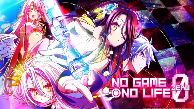 No Game, No Life Zero key art showing Riku, Schwi, and the cast in a colorful fantasy sci-fi setting.