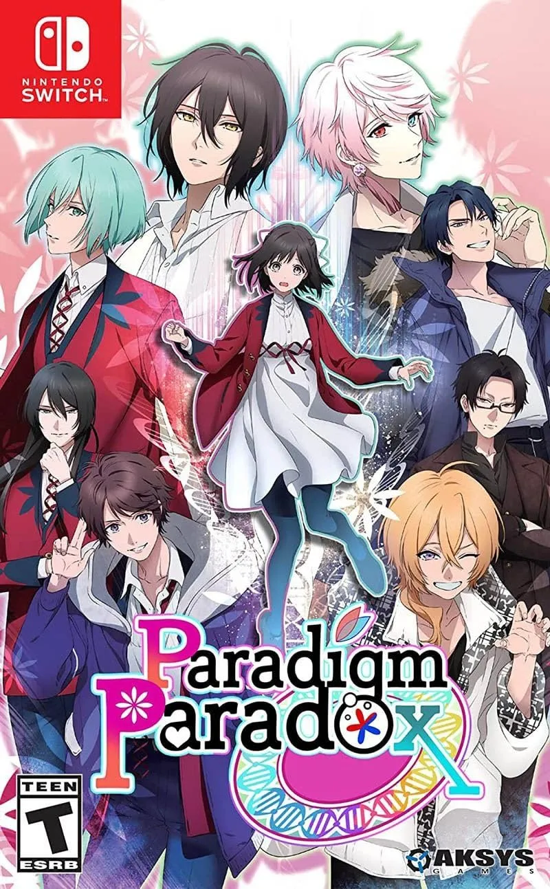 Paradigm Paradox Nintendo Switch cover art featuring the heroine surrounded by her superhero and villain love interests in a bright anime design