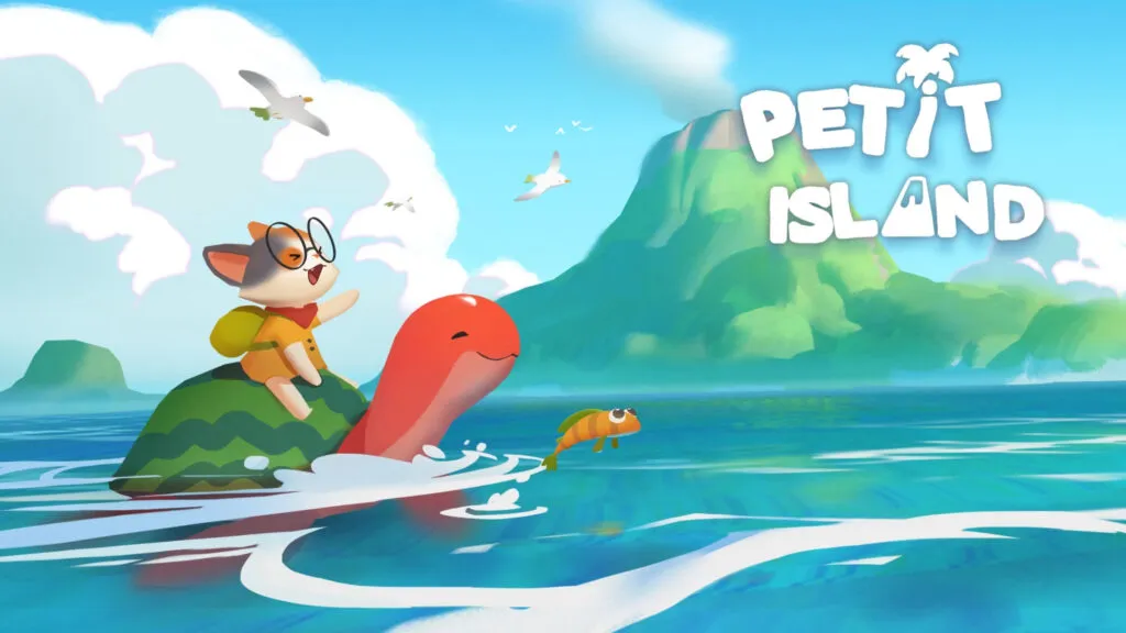 Petit Island game cover showing an adorable cat wearing glasses riding a smiling sea creature across a tropical ocean with a lush island in the background.