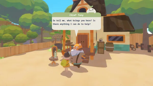 Screenshot from Petit Island showing the player talking to Chief Tony, a tiger NPC, outside his wooden house surrounded by trees.