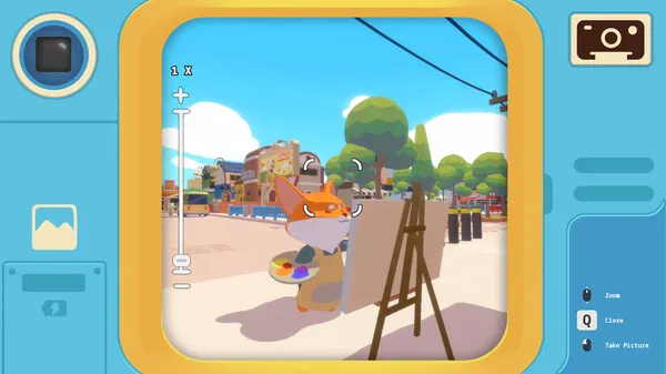 Screenshot from Petit Island showing the player’s fox character photographing a painter fox working at an easel in a sunny town square.