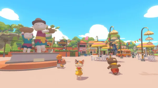 Alt text: Screenshot from Petit Island featuring the player’s fox character exploring a colorful plaza filled with animal villagers and large decorative statues.