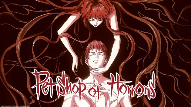 A haunting image of a red-haired figure with ghostly tendrils surrounding another person, representing the supernatural mystery-horror anime “Pet Shop of Horrors.”