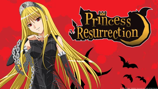 A blonde-haired girl in a gothic black dress and silver tiara stands confidently against a red background with bats flying, representing the supernatural comedy-horror anime “Princess Resurrection.”