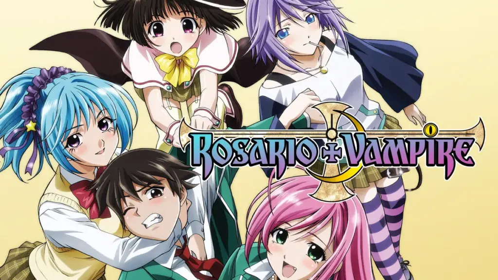Group of anime characters from Rosario + Vampire featuring Tsukune surrounded by Moka and her supernatural classmates, blending school life with monster comedy and romance