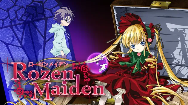 Shinku, a red-dressed living doll, stands ready beside Jun in front of a glowing blue mirror, showcasing the supernatural fantasy anime Rozen Maiden.