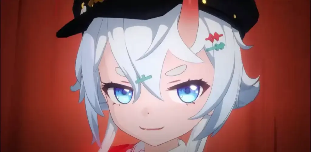 Close-up of Sakiri from Neverness to Everness (NTE) with a confident smirk, blue eyes glowing under red lighting, wearing her signature black beret with small red and green hair clips.