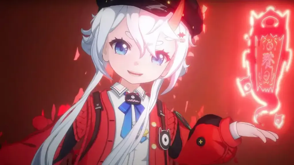 Sakiri from Neverness to Everness (NTE) smiling confidently with glowing blue eyes, wearing a red jacket and beret, as a red magic seal radiates bright energy beside her in a fiery background.