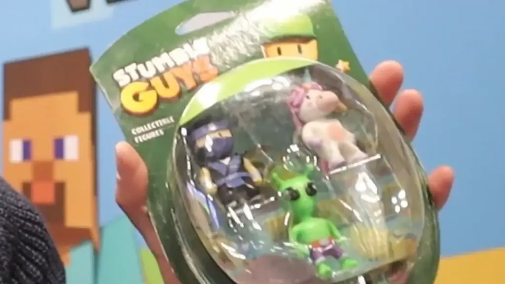 Stumble Guys collectible toy pack from the Toy Fair NY 2025 PMI Kids World showcase, featuring playful figures including a ninja, alien, and unicorn based on the popular party battle royale game.