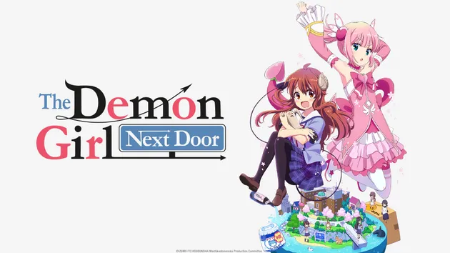 Two magical girls, Yuko and Momo, pose against a pastel cityscape filled with floating icons, promoting the supernatural comedy anime The Demon Girl Next Door.
