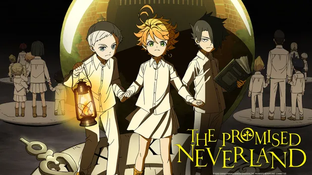 Three children holding lanterns and books stand in a dimly lit orphanage, symbolizing the dark and mysterious horror anime “The Promised Neverland.”