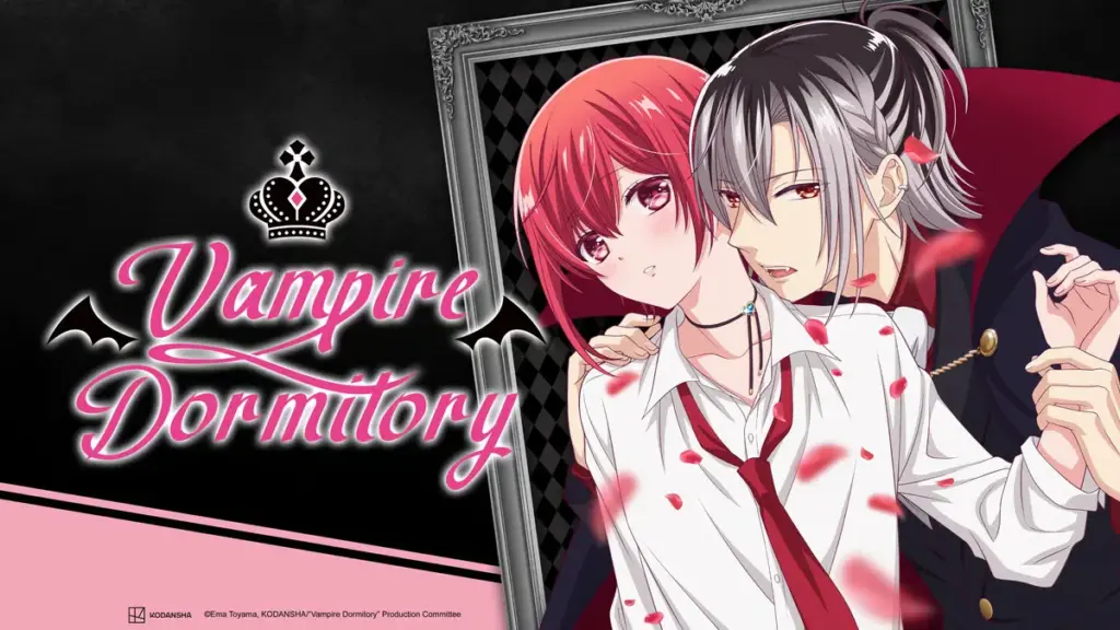 Mito, disguised as a boy, and vampire Ruka from Vampire Dormitory share a close moment surrounded by rose petals, blending romance and supernatural drama.