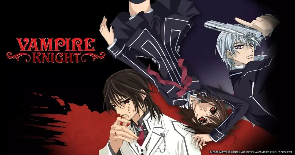 Yuki Cross, Zero Kiryu, and Kaname Kuran from Vampire Knight posed dramatically against a dark backdrop, symbolizing the tension between humans and vampires at Cross Academy.