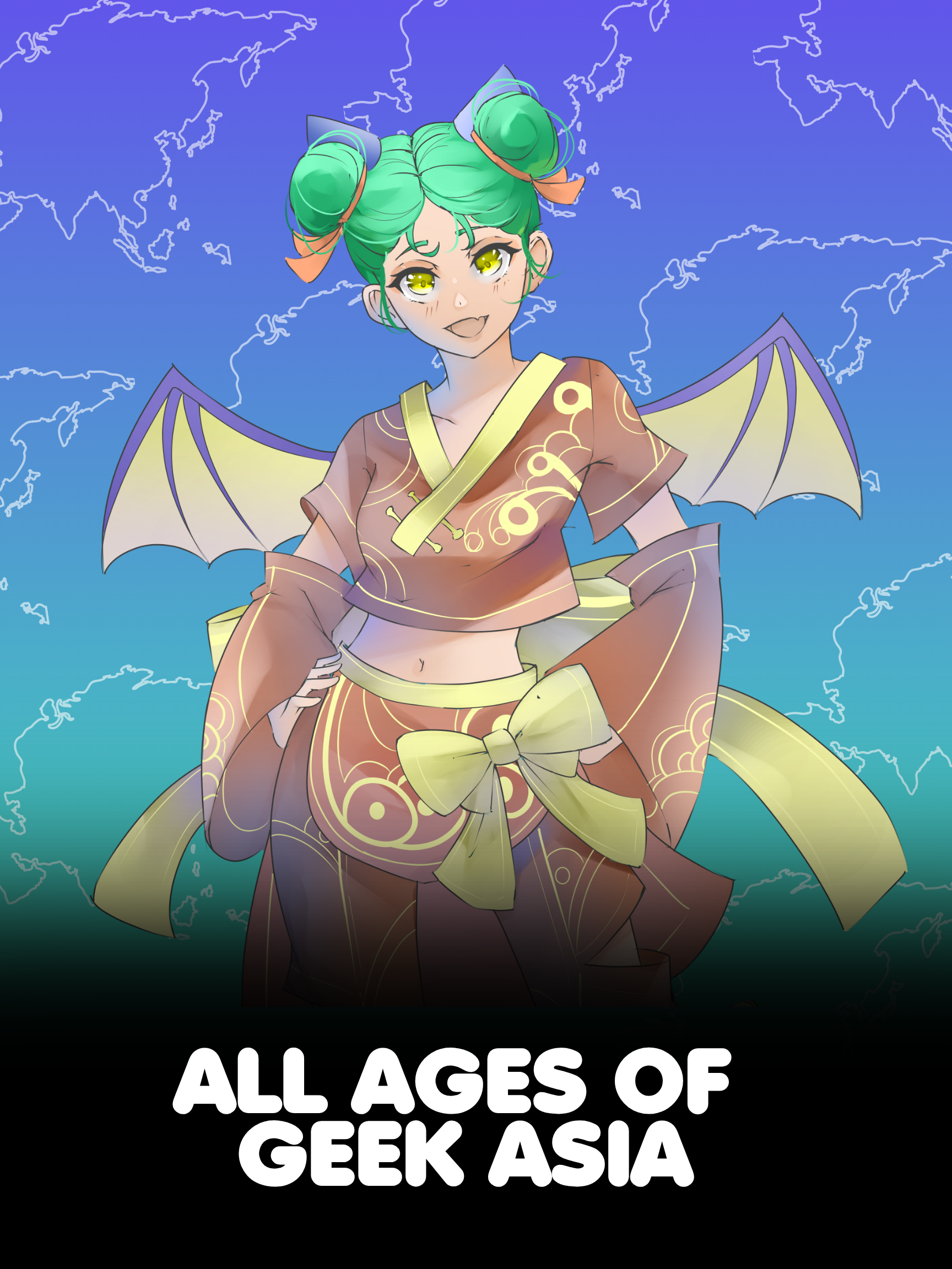 All Ages of Geek Asia poster: a green-haired dragon character in a patterned kimono, over a world map