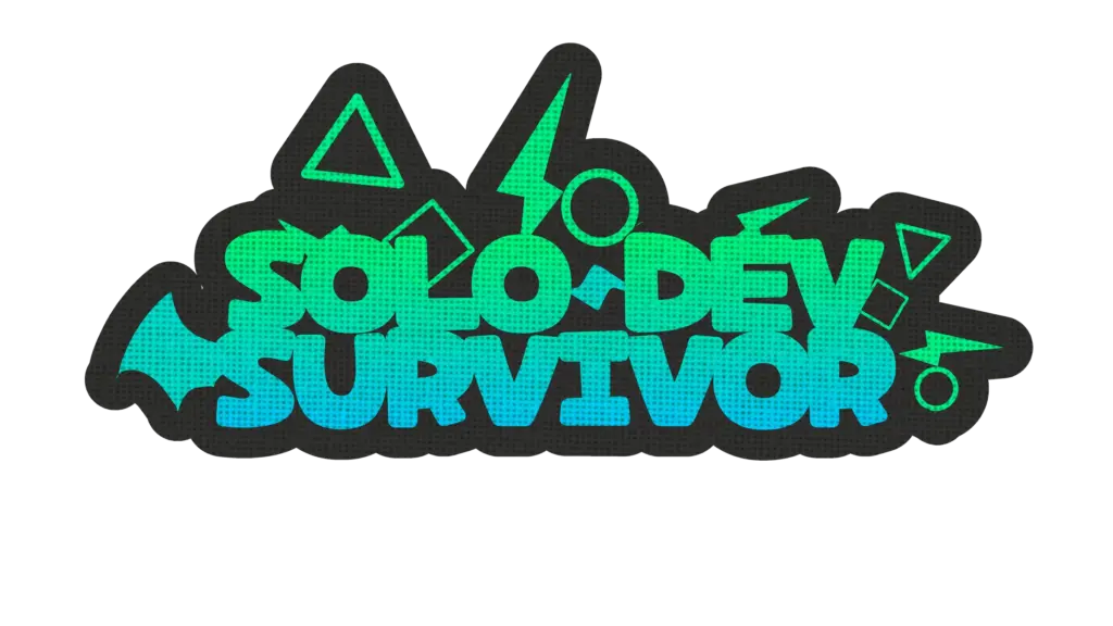 “Solo Dev Survivor” logo in bright green and blue with stylized shapes like lightning bolts, triangles, and a bat silhouette on a dark background.