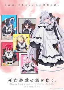 Promotional artwork for Shibou Yuugi de Meshi wo Kuu. (Playing Death Games to Put Food on the Table) featuring a maid-clad girl at the center surrounded by framed portraits of other girls, set against a soft pastel background that contrasts with the series’ dark death-game premise and unsettling tone.