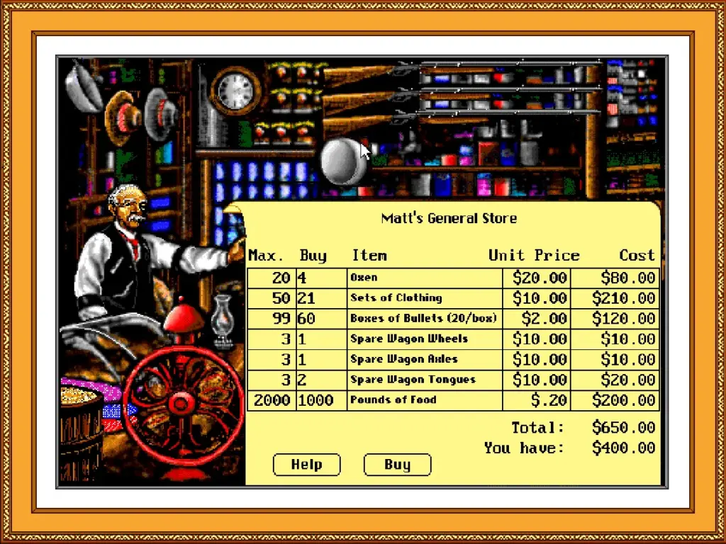 The Oregon Trail general store screen where players buy oxen, food, clothing, ammunition, and wagon supplies before continuing the journey.