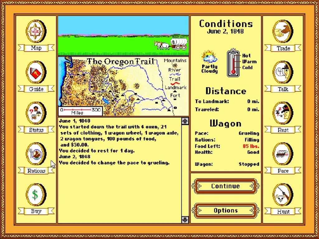 The Oregon Trail game status screen showing a map, wagon conditions, weather, supplies, and travel progress dated June 1848.
