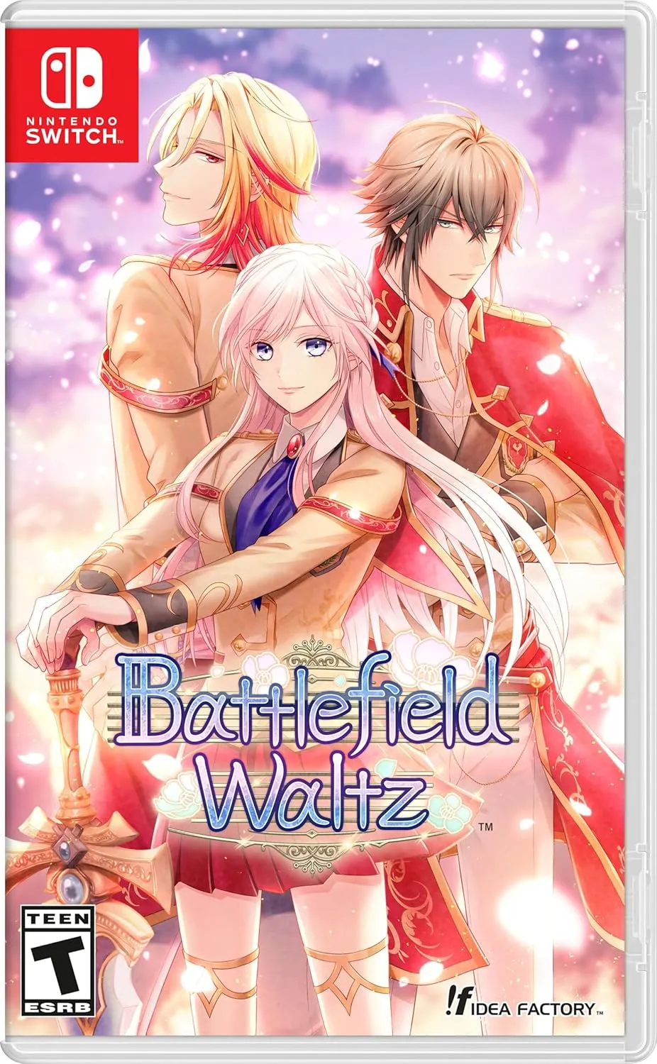 Battlefield Waltz otome game cover art featuring the heroine and love interests in a dramatic fantasy anime style