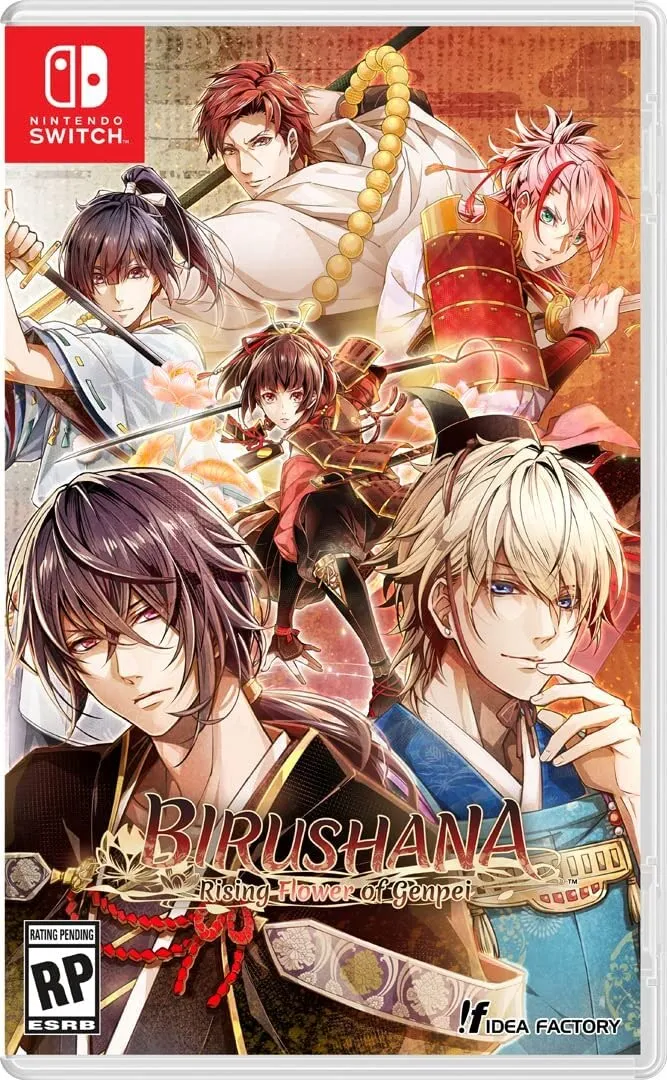 Birushana: Rising Flower of Genpei otome game cover art featuring the heroine and warriors in a historical Japanese anime style