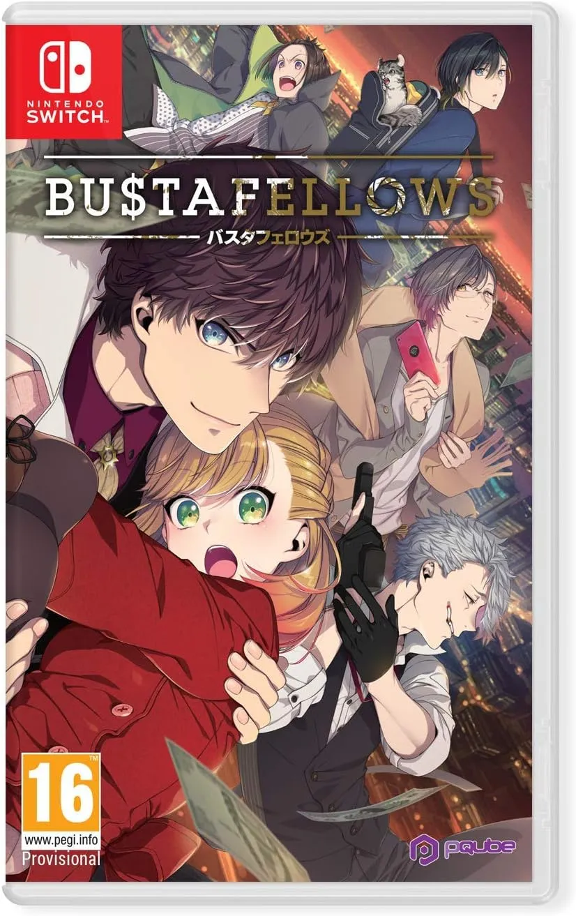 BUSTAFELLOWS otome game cover art featuring Teuta and the main cast in a stylish crime-themed anime design