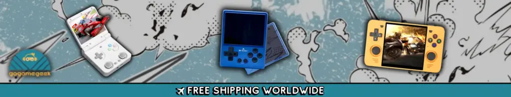 GoGameGeek promotional banner showing three handheld gaming consoles in different colors displaying racing and action games, with a patterned background and text reading “Free shipping worldwide.”