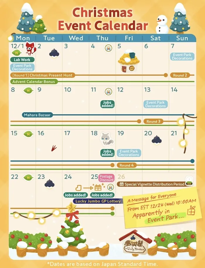 Livly Island Christmas Event Calendar showing December 2025 activities, including Christmas Present Hunt rounds, Advent Calendar bonuses, Mahara Bazaar, job additions, Event Park decorations, Lucky Jumbo GP Lottery, postage discount day, and special vignette distribution dates. Calendar is decorated with snow, trees, and holiday icons.